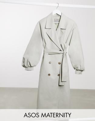 Asos Maternity Asos Design Maternity Extreme Balloon Sleeve Trench Coat In Sage-green In Green