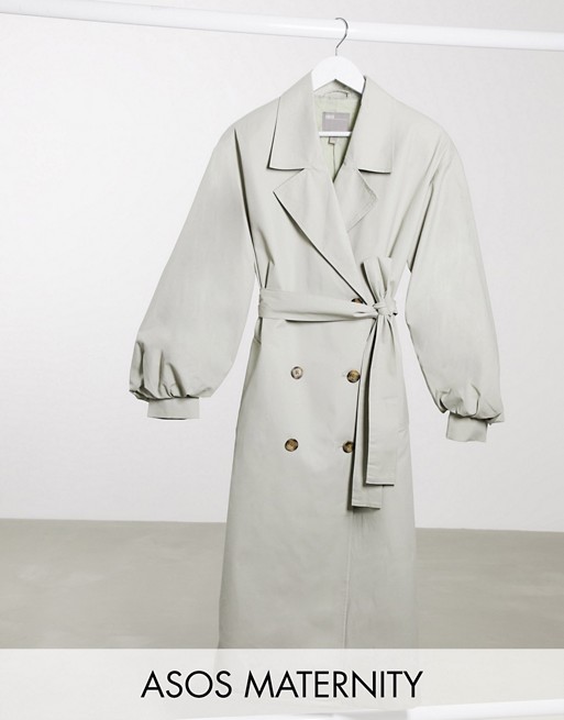 ASOS DESIGN Maternity extreme balloon sleeve trench coat in sage