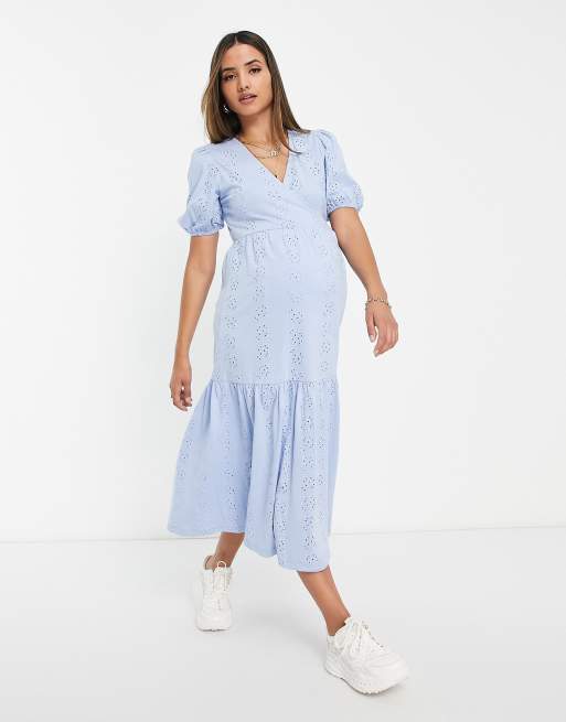 cornflower blue wrap dress ASOS DESIGN Maternity eyelet short sleeve tiered midi in Fatima by Enzoani | while a front skirt okk_sleeve_length:SLEEVELESS Size:Creative