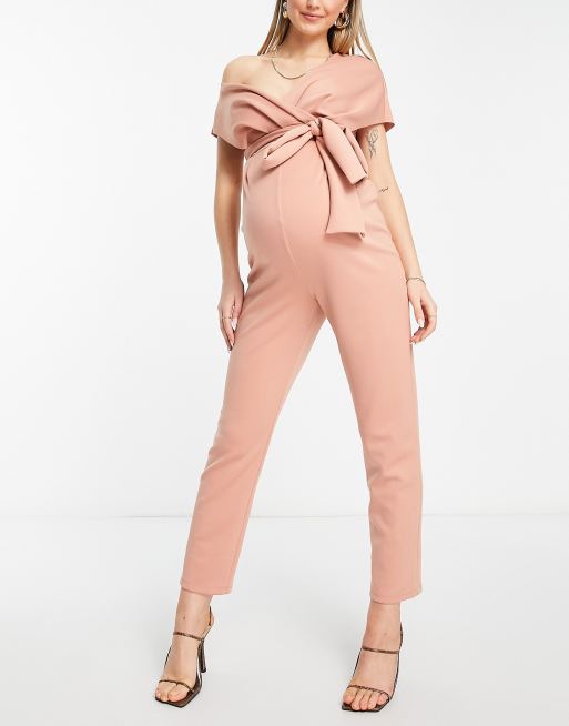 ASOS DESIGN Maternity fallen shoulder  jumpsuit in blush in scuba-style fabric