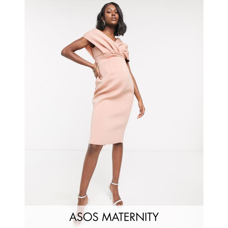 ASOS DESIGN Maternity fallen shoulder midi pencil dress with tie detail in  rose | ASOS