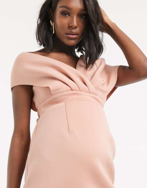 ASOS DESIGN Maternity fallen shoulder midi pencil dress with tie detail in  rose