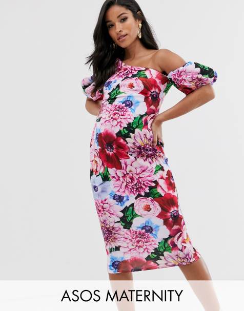 ASOS DESIGN Maternity – Figurbetontes, geblümtes Midikleid mit Ballonärmeln