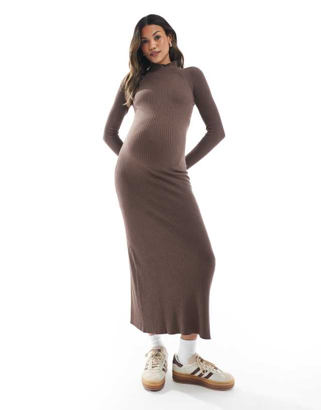 ASOS DESIGN Maternity fine-gauge knit maxi dress with ribbed details in mocha