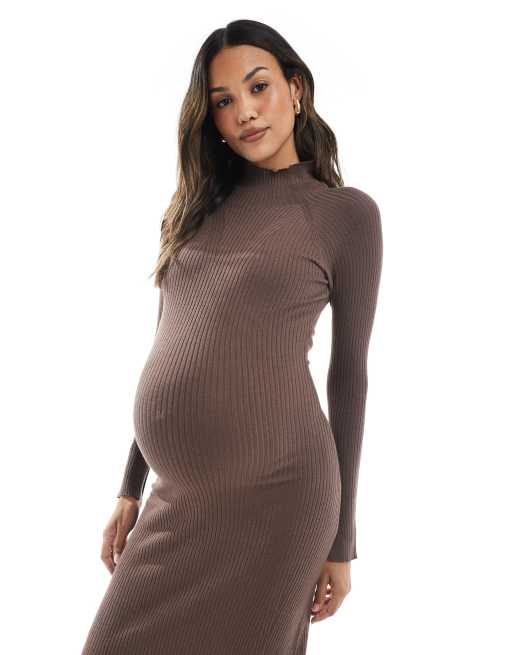 ASOS DESIGN Maternity fine-gauge knit maxi dress with ribbed details in mocha