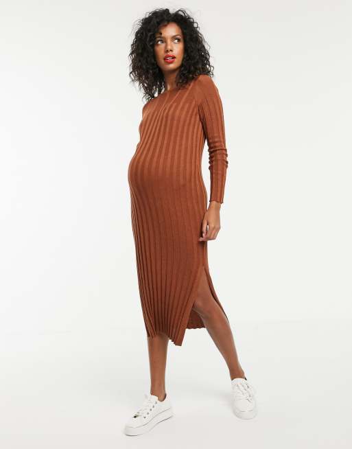 ASOS DESIGN Maternity fine knit midi dress in rib in recycled blend