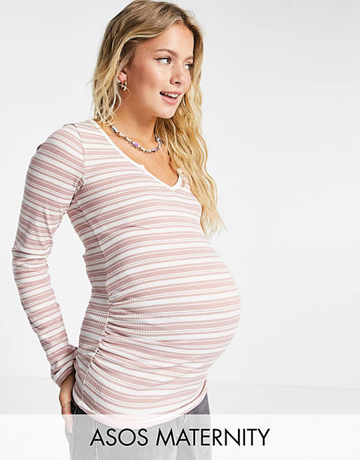 ASOS DESIGN Maternity fitted top with notch neck in varigated stripe