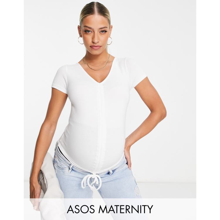 ASOS DESIGN Fuller bust long sleeve ruched channel front top with flared  sleeve in white