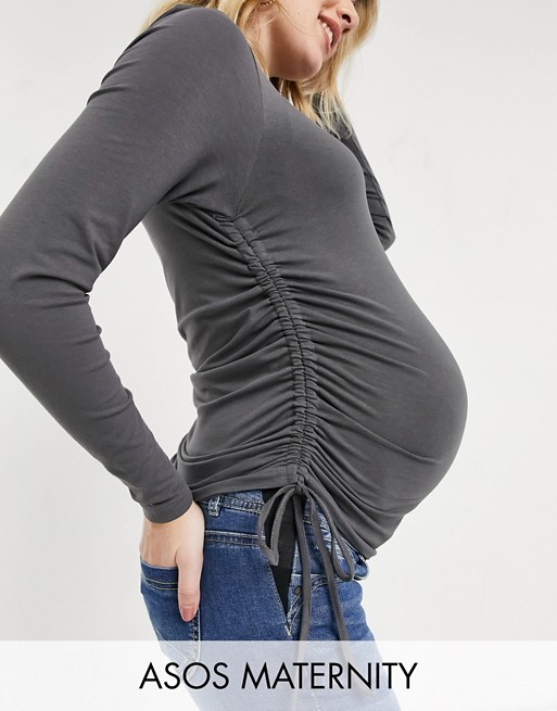 ASOS DESIGN Maternity fitted top with ruched side in washed charcoal