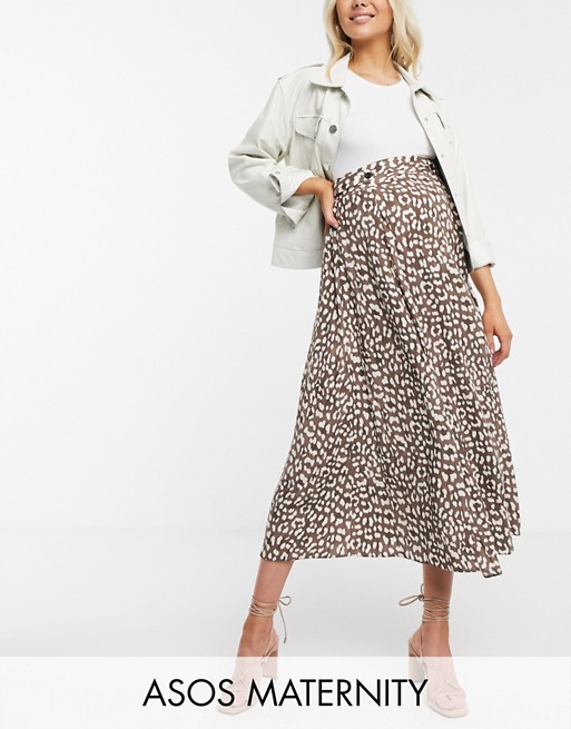 ASOS DESIGN Maternity floaty midi skirt with button waist detail in brown leopard print