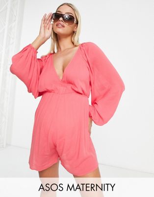 ASOS DESIGN Maternity floaty plunge crinkle playsuit in blush