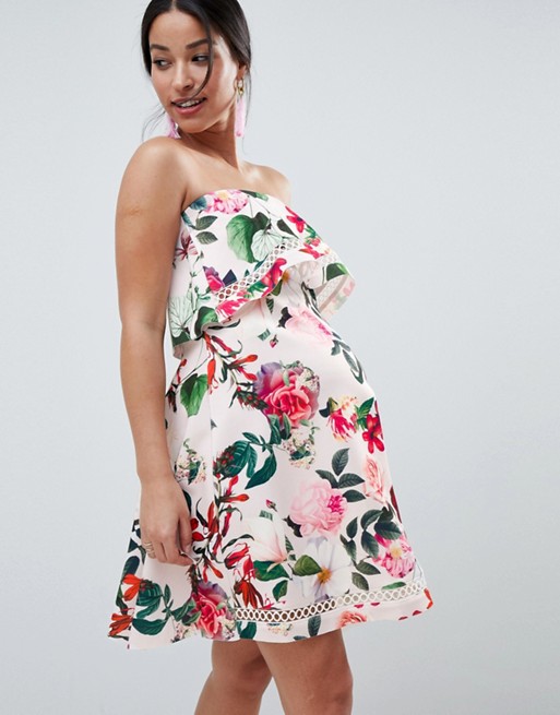 ASOS DESIGN Maternity floral bandeau ruffle mini dress with crochet ...