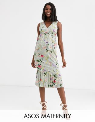asos design botanical floral plunge belted pleated midi dress
