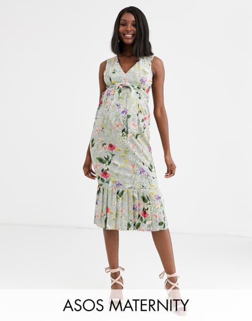 ASOS DESIGN Maternity pleated midi dress with a belt in bright