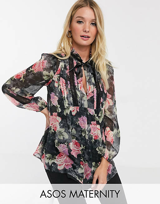ASOS DESIGN Maternity floral blouse with ruffle and lace detail