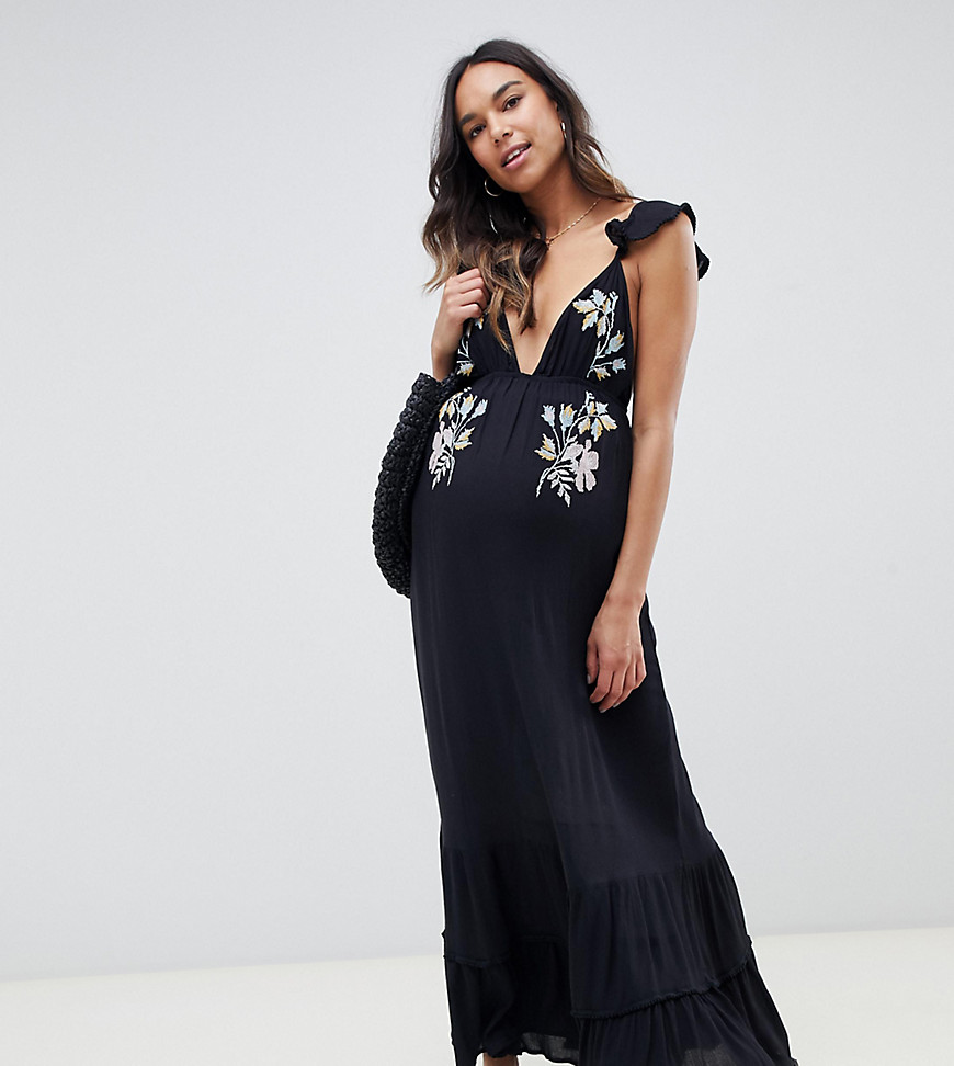 ASOS DESIGN Maternity Floral Cross Stitch Embroidered Maxi Beach Dress with pompom trim-Black