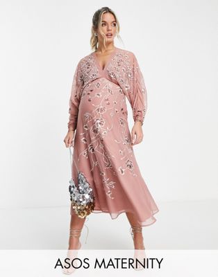 ASOS DESIGN Maternity floral embroidered batwing midi dress in rose - ASOS Price Checker