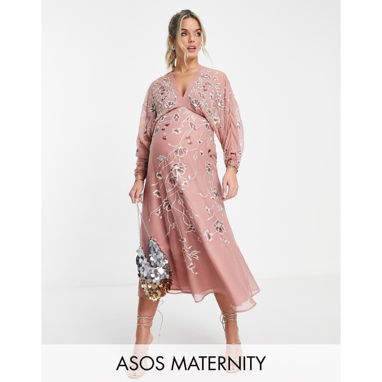 ASOS DESIGN Maternity floral embroidered batwing midi dress in rose ASOS