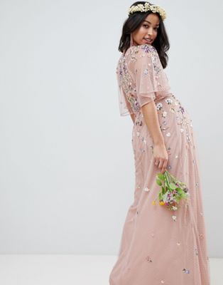 asos design tall floral embroidered dobby mesh flutter sleeve maxi dress