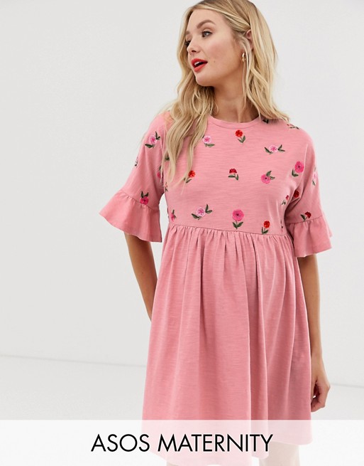 ASOS DESIGN Maternity floral embroidered frill sleeve smock dress