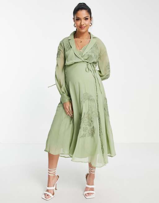 ASOS DESIGN Maternity ruffle detail plunge midi dress with tie detail in  green floral print