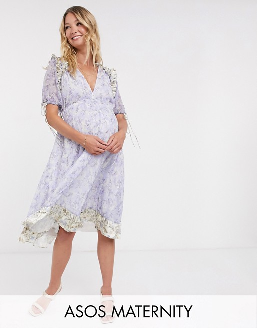 ASOS DESIGN Maternity floral printed midi dress with satin trim ruffle and tie detail