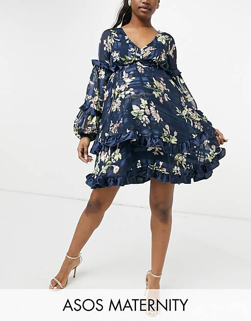 Dresses Maternity floral printed mini dress with satin trim detail in blue 