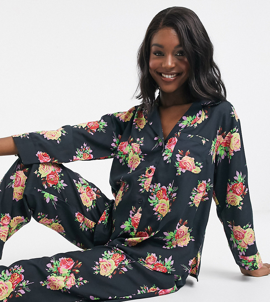 ASOS DESIGN Maternity floral shirt & trouser pyjama set in 100% modal-Green