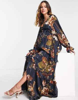 ASOS DESIGN Maternity floral tiered maxi dress with tie front in satin  stripe