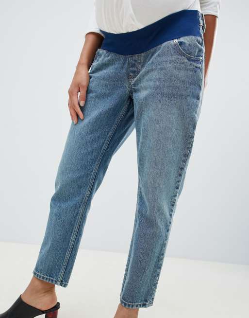 ASOS DESIGN Maternity florence authentic straight leg jeans in dark stonewash blue with under the bump waistban, 3 of 4