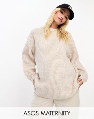 ASOS DESIGN Maternity fluffy rib jumper with crew neck in oatmeal
