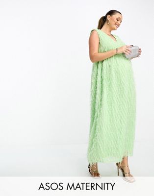 ASOS DESIGN Maternity fluffy shoulder pad v neck tiered midi dress in pistachio