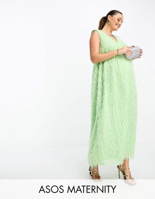 ASOS DESIGN Maternity fluffy shoulder pad v neck tiered midi dress in  pistachio