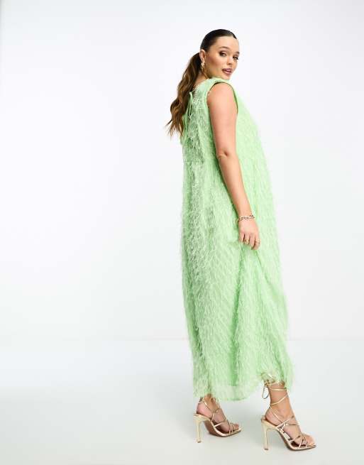 ASOS DESIGN Maternity fluffy shoulder pad v neck tiered midi dress in  pistachio