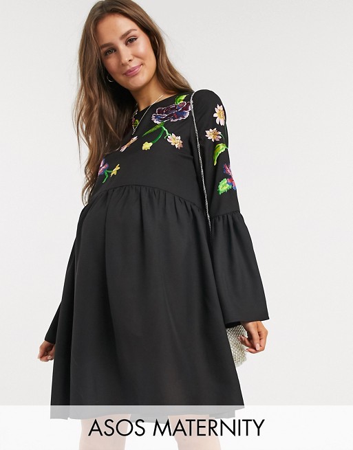 ASOS DESIGN Maternity fluted sleeve embroidered smock mini dress in black