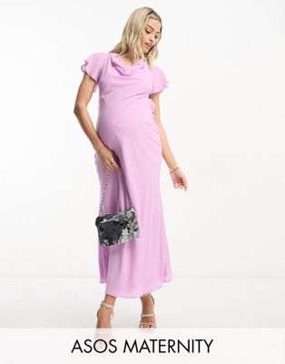 ASOS DESIGN Maternity flutter sleeve cowl neck midi dress in lilac-Orange