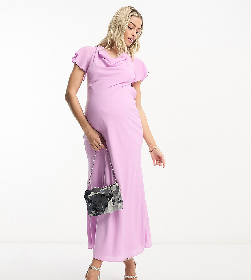 Asos Maternity Asos Design Maternity Flutter Sleeve Cowl Neck Midi Dress In Lilac-orange In Pink