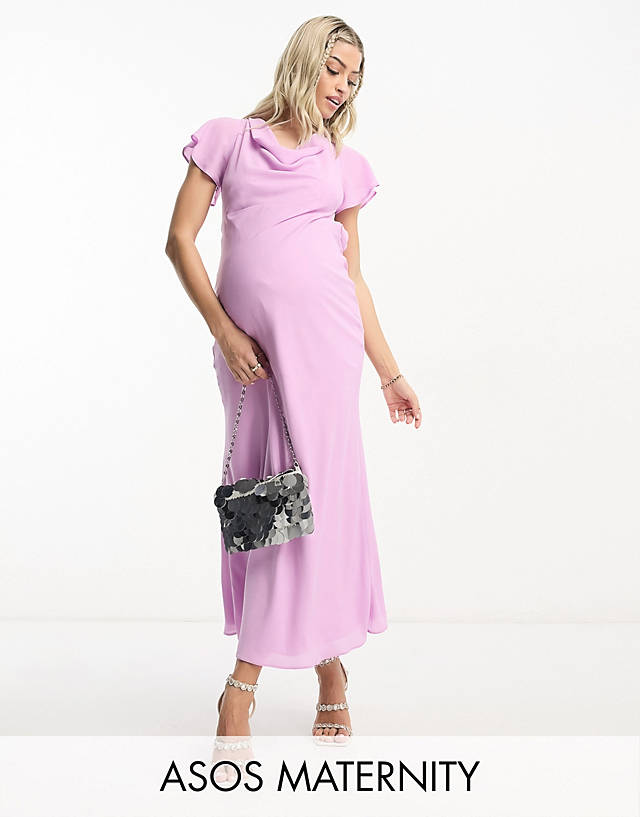 ASOS Maternity - ASOS DESIGN Maternity flutter sleeve cowl neck midi dress in lilac