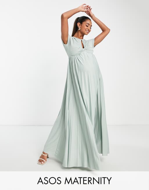 ASOS DESIGN Maternity flutter sleeve keyhole pleated maxi dress in sage ...