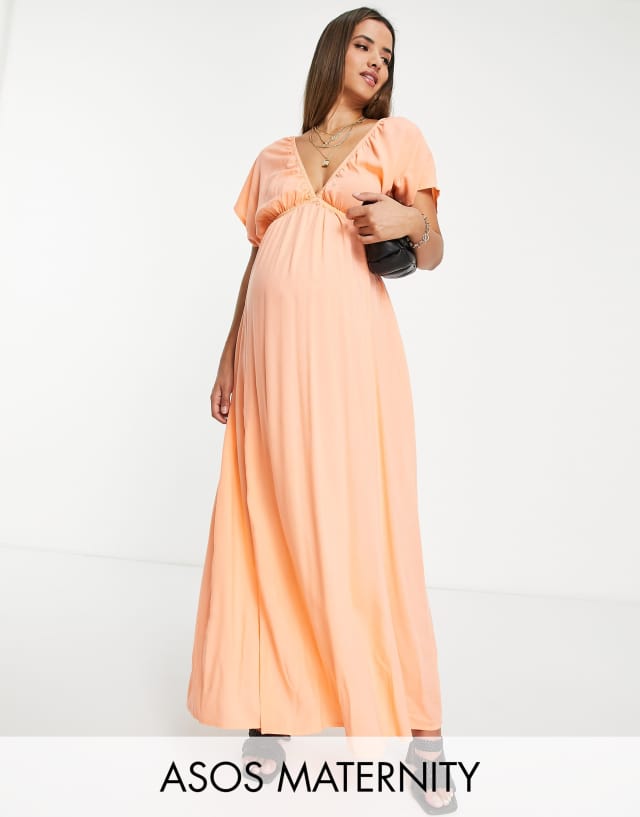 ASOS DESIGN Maternity flutter sleeve maxi beach dress in coral