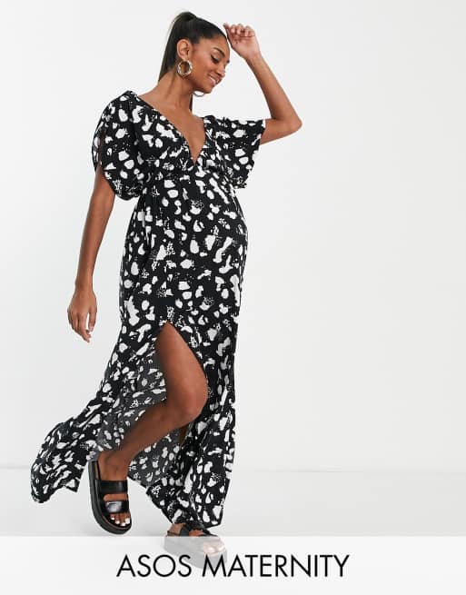 Asos Design Maternity Flutter Sleeve Maxi Beach Dress In Mono Spot Print Asos 