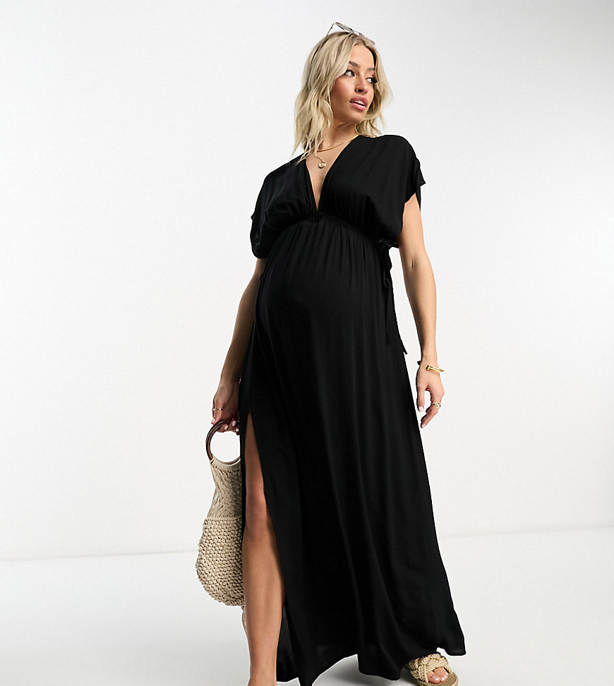 ASOS Maternity ASOS DESIGN Maternity flutter sleeve maxi beach dress with channeled tie waist in black