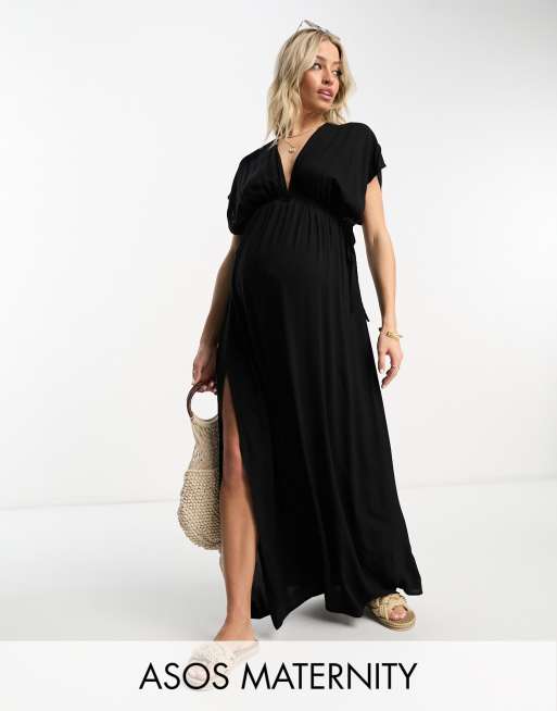 FhyzicsShops DESIGN Maternity flutter sleeve maxi beach dress with channeled tie waist in black 