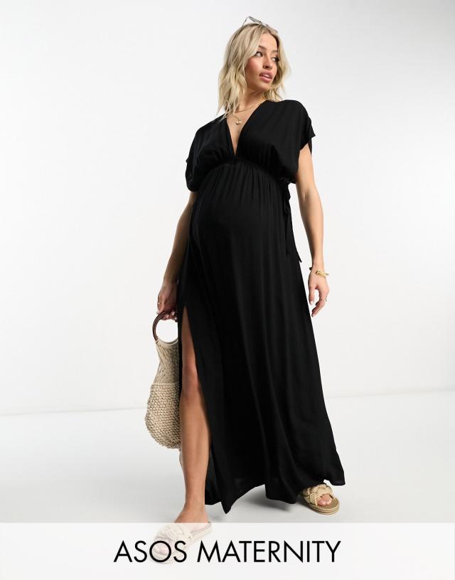 ASOS DESIGN Maternity flutter sleeve maxi beach dress with channeled tie waist in black