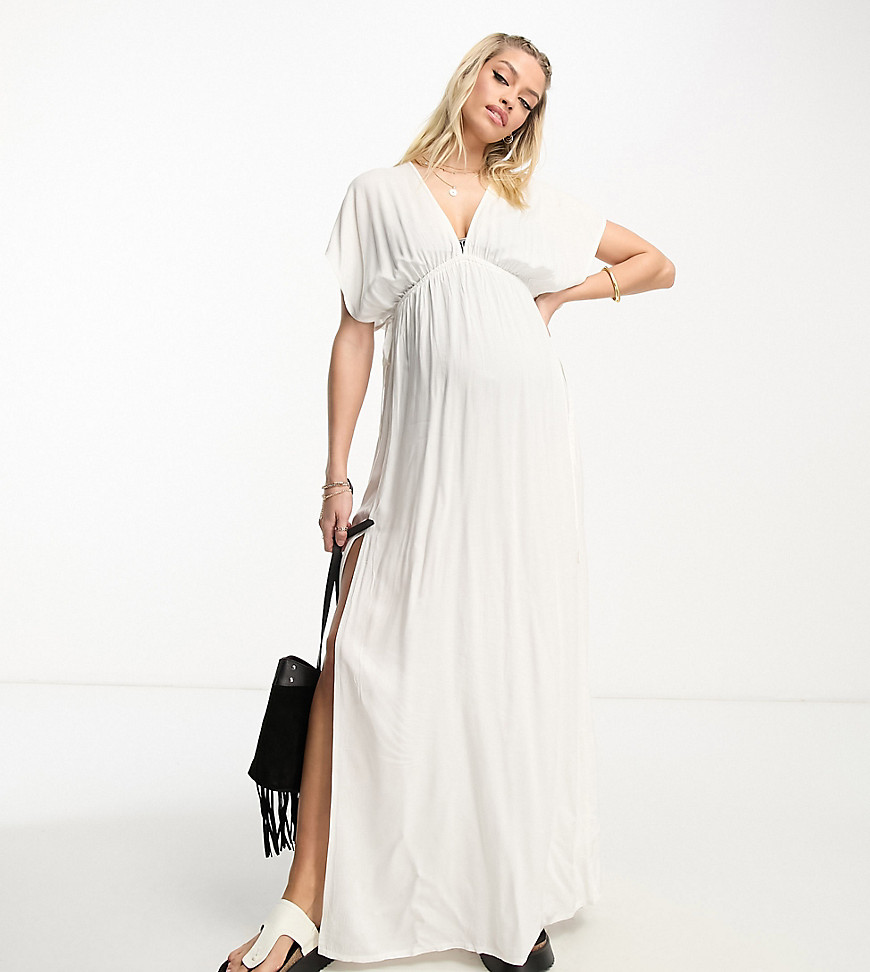 Asos Maternity Asos Design Maternity Flutter Sleeve Maxi Beach Dress With Channeled Tie Waist In White