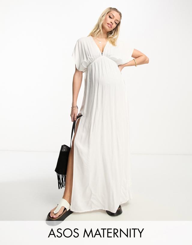 ASOS DESIGN Maternity flutter sleeve maxi beach dress with channeled tie waist in white