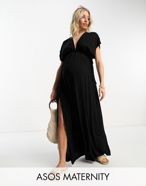 FhyzicsShops DESIGN Maternity flutter sleeve maxi beach dress with channelled tie waist in black 