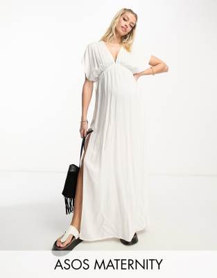 ASOS DESIGN ASOS DESIGN Maternity flutter sleeve maxi beach dress with channelled tie waist in white