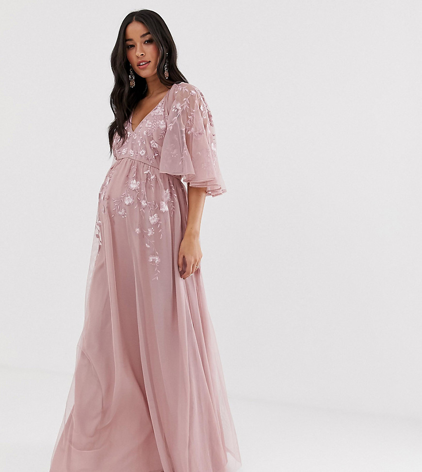 ASOS DESIGN Maternity flutter sleeve maxi dress in embroidered mesh-Pink