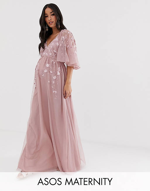 ASOS DESIGN Maternity flutter sleeve maxi dress in embroidered mesh